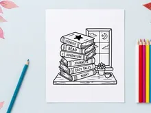 Stack of books with cozy reading theme by a window, hand drawn line art illustration.