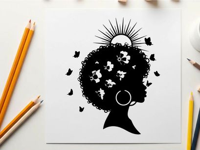 Silhouette of a woman with flowers and sun