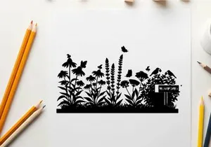 Black silhouette of garden scene with birds and flowers