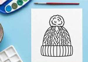Winter knit beanie hat with pompom icon, simple black and white line art illustration.