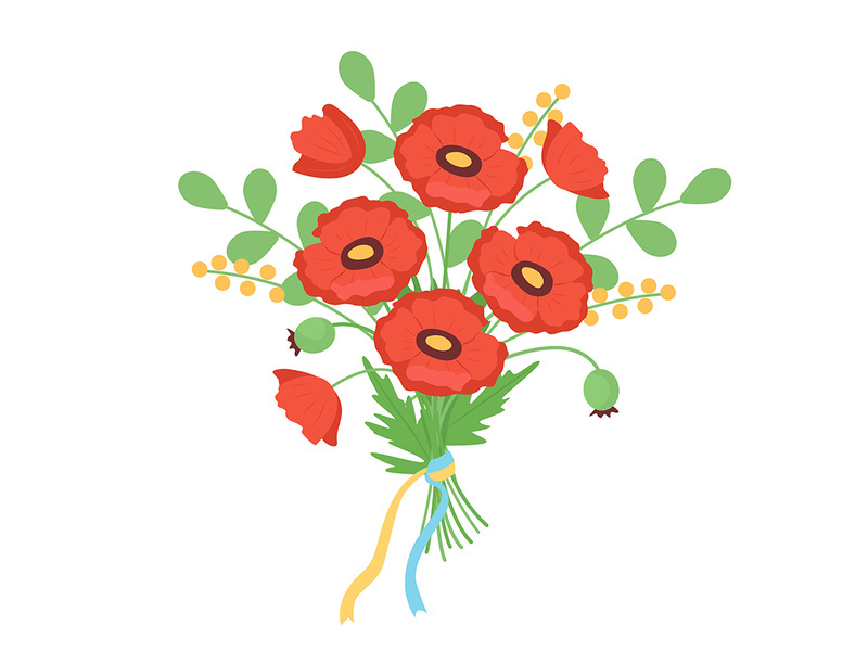 Bouquet with poppy flowers and ribbons semi flat color vector object