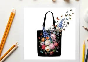 Vibrant floral silhouette design on black tote bag with butterflies