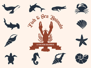 Sea fish animals underwater pack vector illustration silhouettes. preview picture