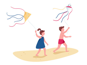 Children running with flying kites flat color vector faceless characters preview picture