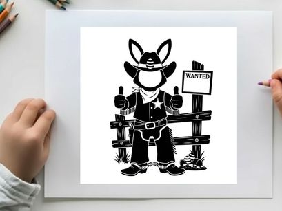 Wanted cartoon rabbit silhouette in cowboy outfit with thumbs up
