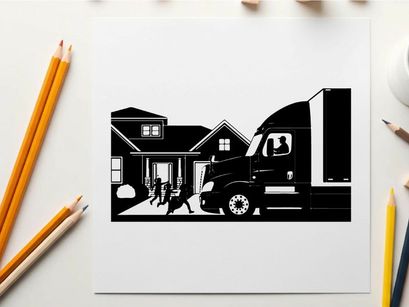 Silhouette of moving truck parked at suburban home with people