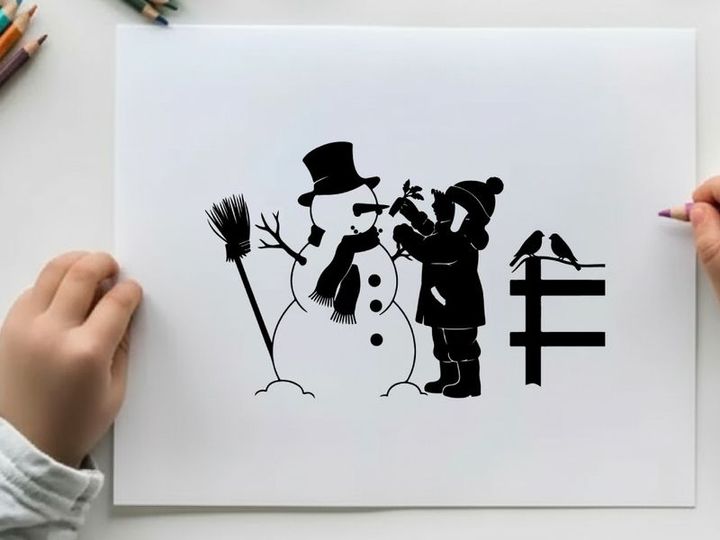 Silhouette of child and snowman with broom and fence