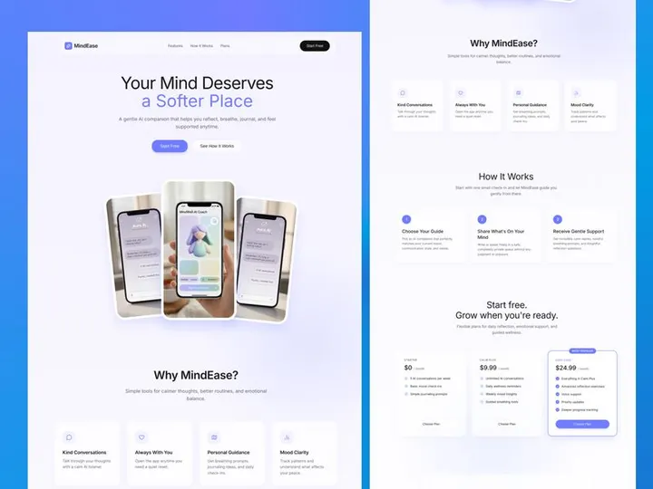 AI Mental Wellness Landing Page Design | Calm UI/UX f