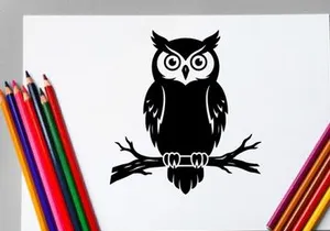 Stylized black and white owl illustration on branch for nature design
