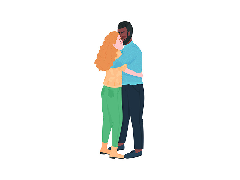 Interracial couple hugging flat color vector detailed characters