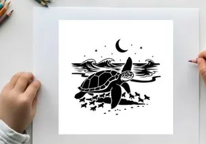 Silhouette of a sea turtle swimming under a crescent moon