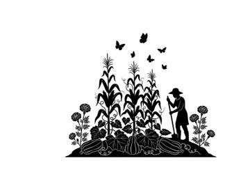 Silhouette of a farmer working in a field with butterflies and flowers preview picture