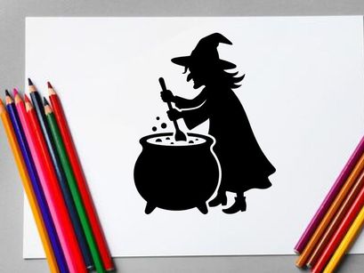 Silhouette of a witch stirring a cauldron in a magical setting
