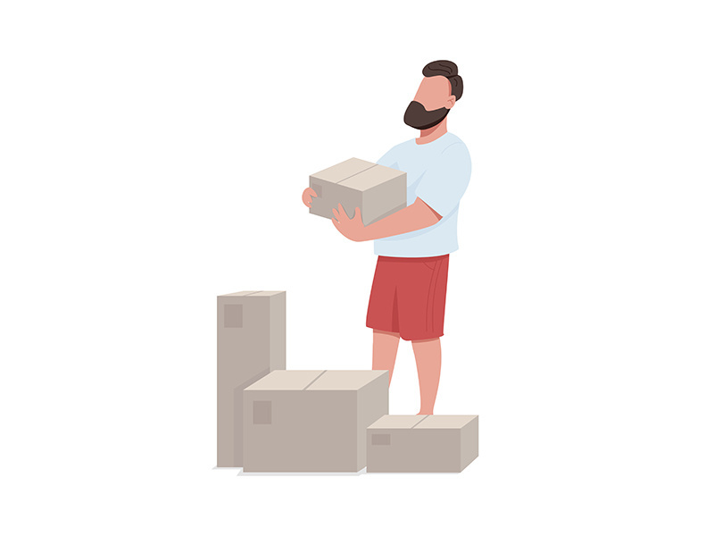 Man unpacking boxes after moving semi flat color vector character