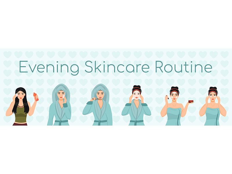 Female evening skincare routine flat color vector characters set