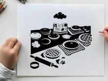 Silhouette of baking tools and pastries on a table