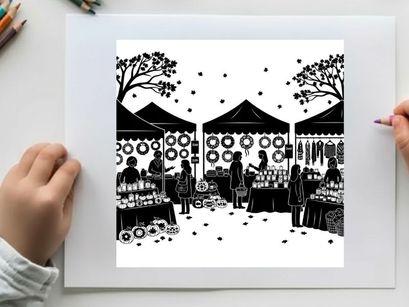 Silhouette of people at an outdoor market with tents and trees
