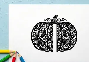 Intricate Halloween Pumpkin with Owls and Swirling Patterns