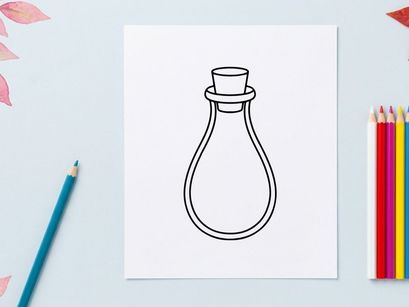 Empty glass laboratory bottle with stopper isolated on white. Minimalist scientific container for chemistry experiments and medical research.