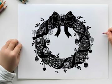 Black and white christmas wreath with bow silhouette preview picture