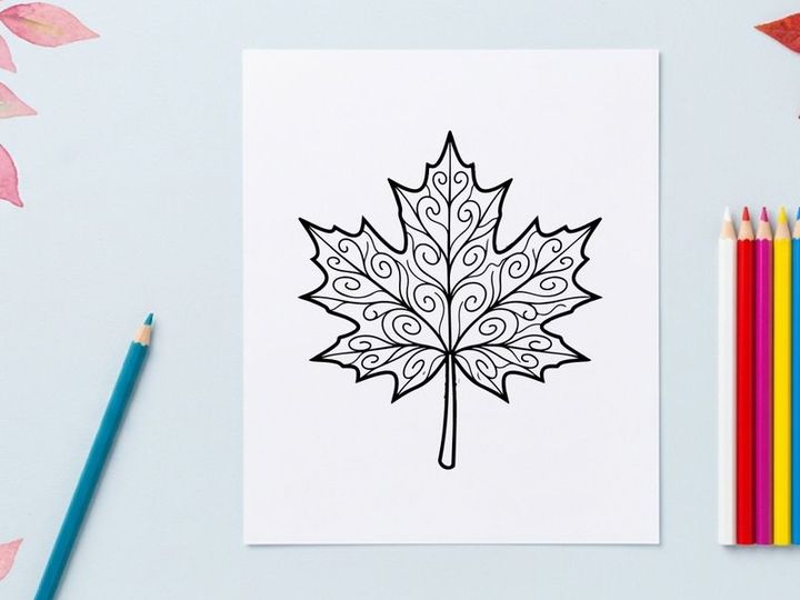 Decorative maple leaf illustration for autumn designs. Artistic leaf motif for seasonal projects.