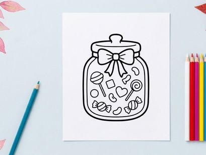 Candy jar coloring page for kids. Black and white illustration of sweets in a glass jar.