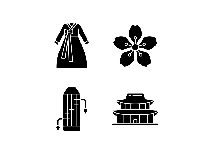 Korean ethnic symbols black glyph icons set on white space