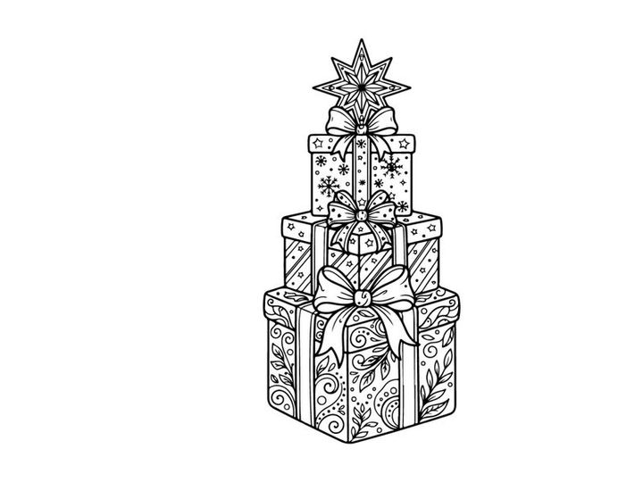 Caixas de presente de Natal empilhadas com topo de estrela, ilustração em arte de linha preto e branco.