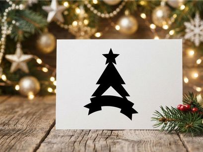 Black Christmas tree silhouette with star topper and blank banner for holiday design