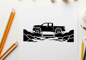 Silhouette of a pickup truck crossing a stream on a rugged terrain silhouette