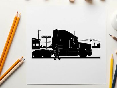 Silhouette of a man walking beside a large truck