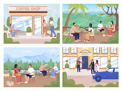 People spending time in public places illustrations set