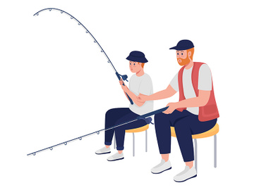 Father teaching teenager to catch fish semi flat color vector characters preview picture
