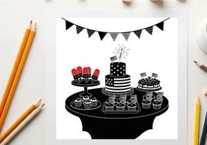 Patriotic dessert table with silhouette of cakes and decorations