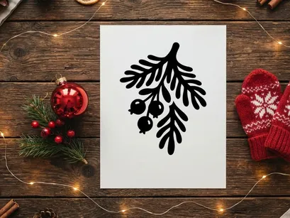 Black silhouette of a pine branch with berries for Christmas holiday design elements.
