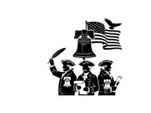 American revolution silhouette with patriotic symbols and founding fathers