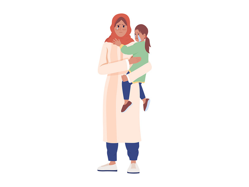 Female war victim holding teary daughter semi flat color vector characters