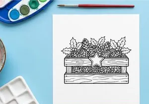Christmas wooden crate with pine cones and holly leaves line art illustration