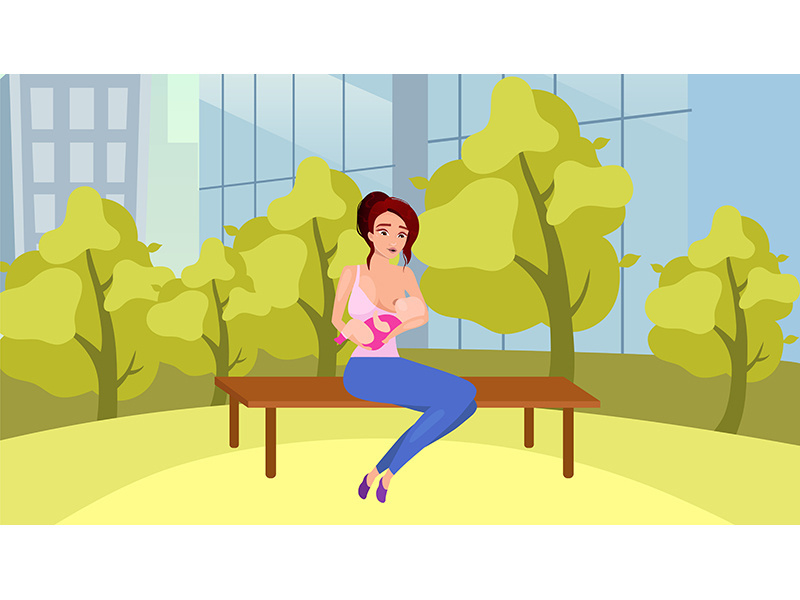 Woman feeding baby from breast in park flat vector illustration