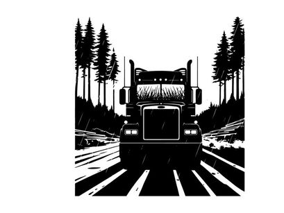 Black silhouette of a semi truck driving down a forest road
