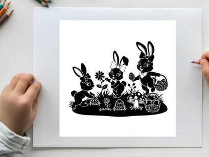 Easter bunny silhouette scene with eggs and flowers