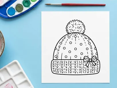 Topi beanie musim dingin dengan pom pom dan pita, sketsa tangan untuk halaman mewarnai Natal.