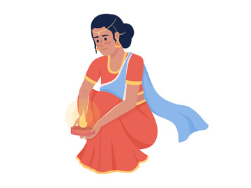 Woman in saree holding diya semi flat color vector character preview picture