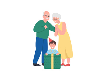 Gift giving grandparents with grandson flat color vector detailed character preview picture