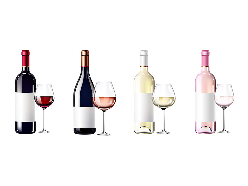 Wine types in glass bottles realistic product vector designs set