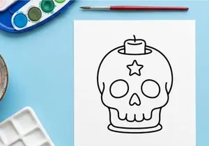 Halloween skull with chef hat and star decoration. Spooky cartoon character for festive cooking or baking designs.