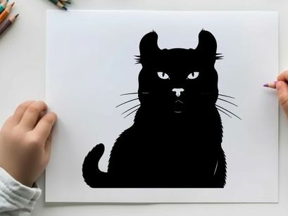 Silhouette of a black cat with piercing eyes and whiskers