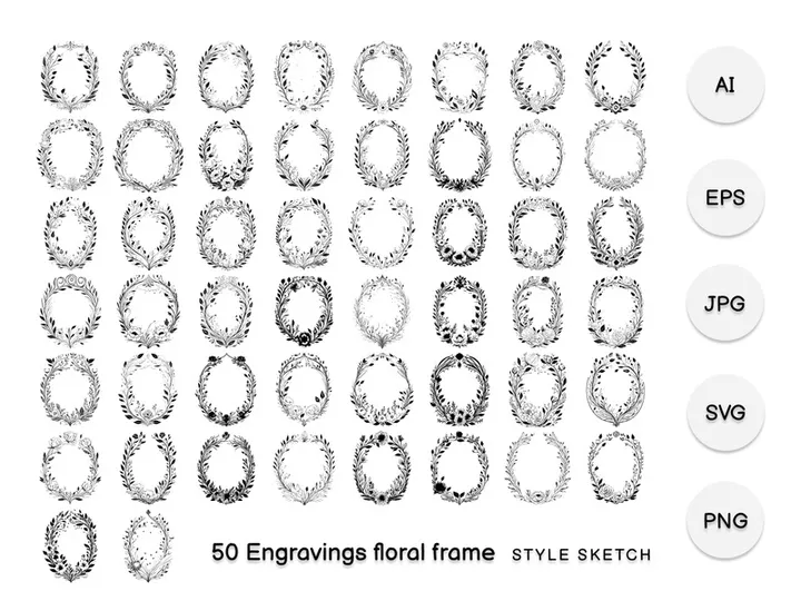 Engravings Floral Frame Element Black