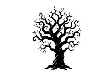 Black silhouette of a leafless tree with twisting branches