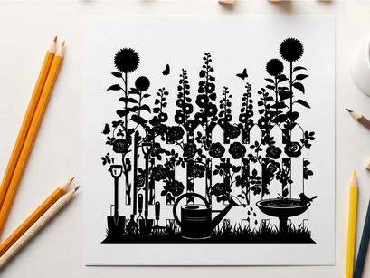 Silhouette of flowers and gardening tools on white background